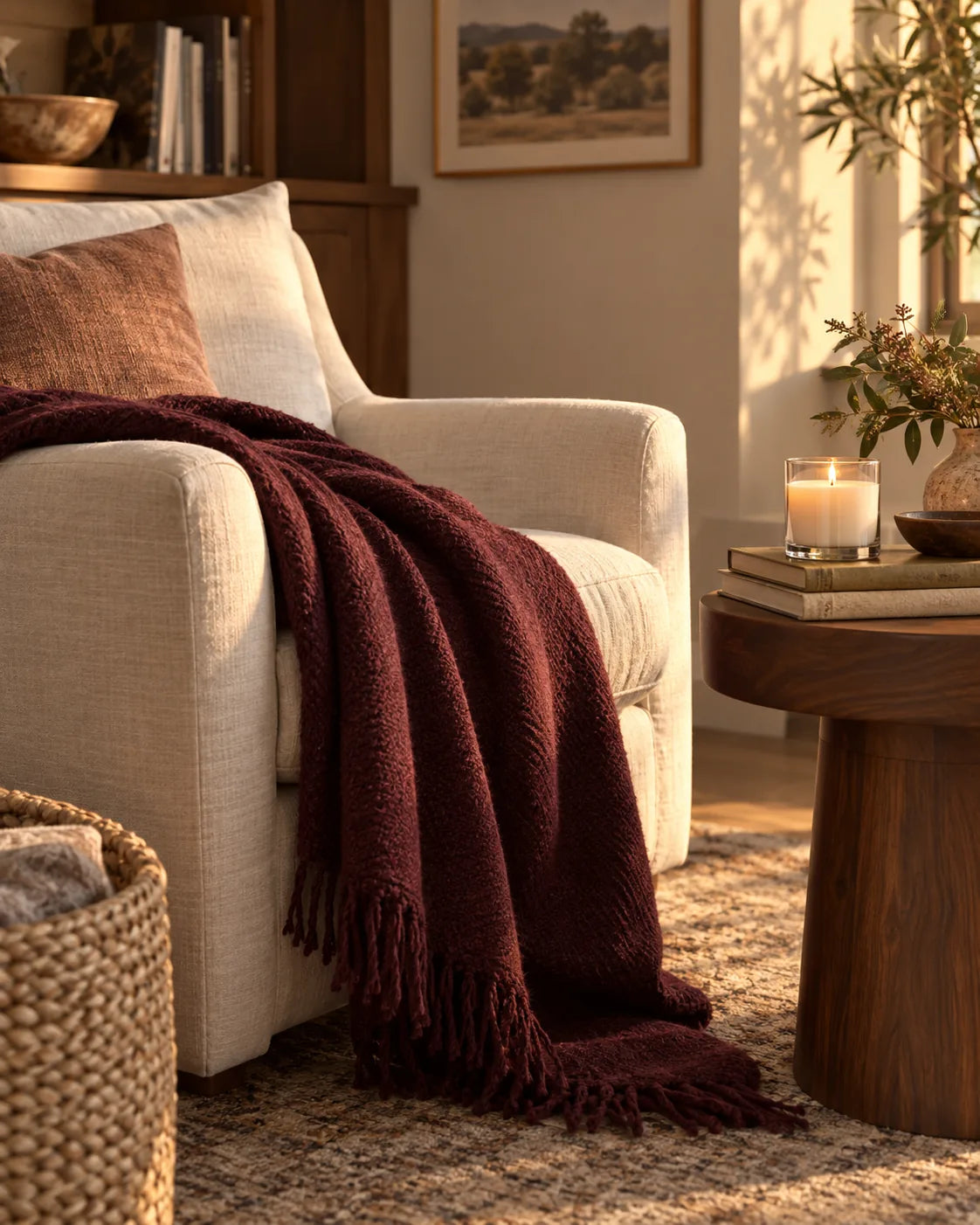 A cream chair with a burgundy throw beside a candle in a warm living room