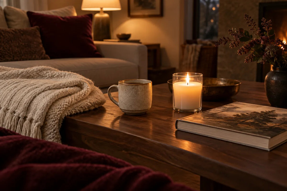 A candle, a cup, and a folded throw on a walnut table